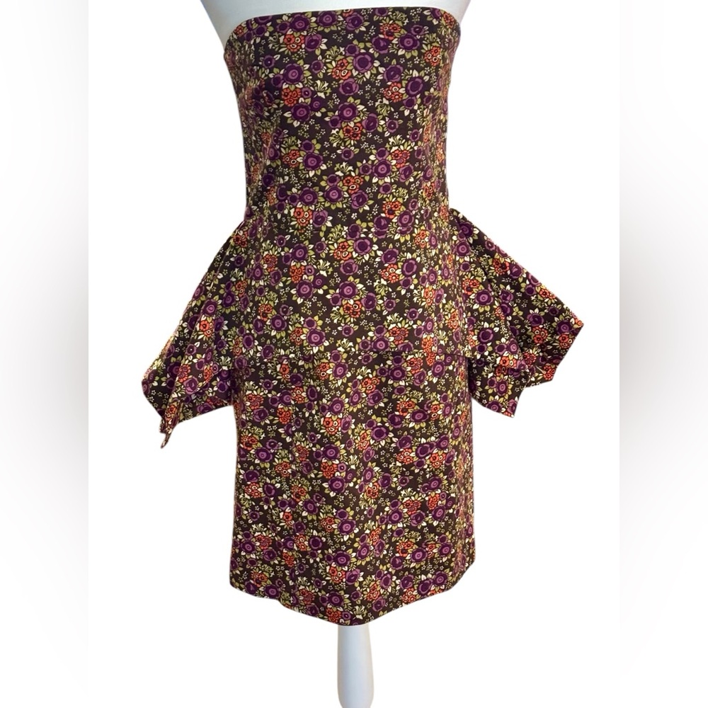 Betsey Johnson Floral Strapless Dress With Convertible Peplum Bustle Size 8
